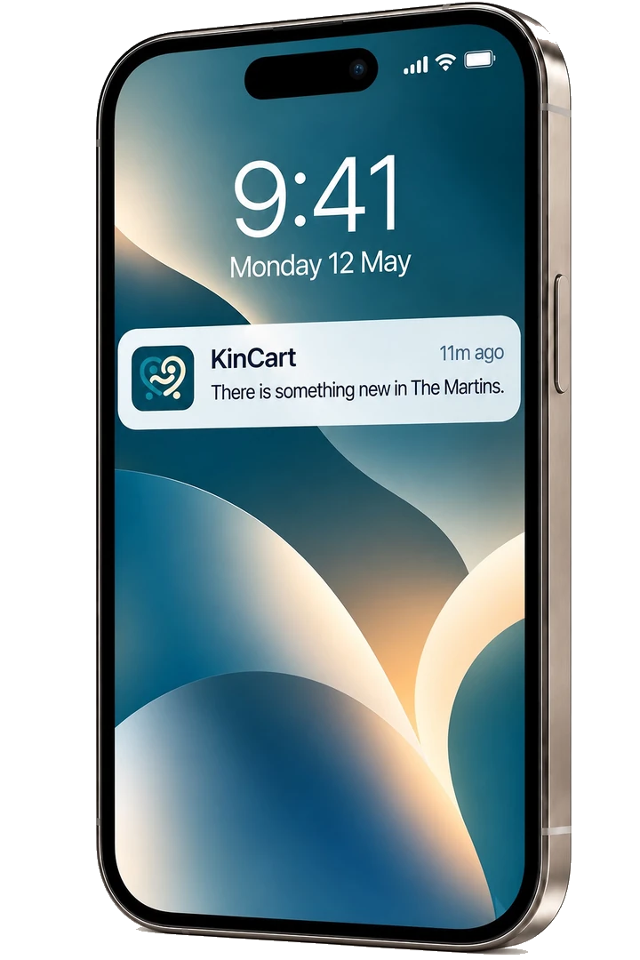 KinCart Quiet Updates shown as a discreet notification on an iPhone